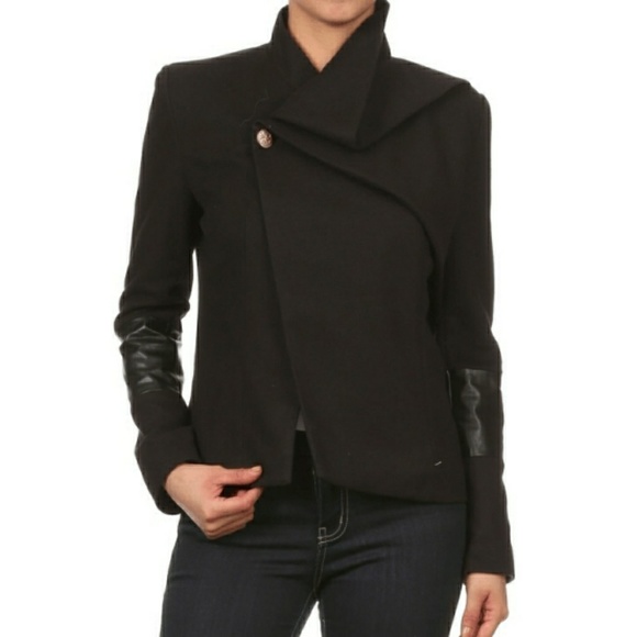 Black Peacoat Jacket w/ Leather Sleeves